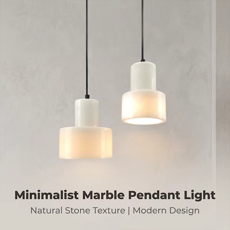 Ceropegia Hängeleuchte aus spanischem Naturmarmor in Weiß mit warmweißem Licht, moderne Zylinder-Pendelleuchte für Esszimmer, Schlafzimmer oder Flur, B/T/H: 15,0 x 15,0 x 16,0 cm - Bild 2