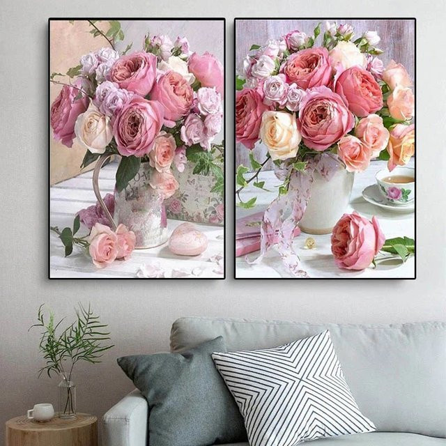 Potdemiel Leinwandgemälde Rosa Pfingstrosen in nordischem Design als florale Wandkunst - Bild 1