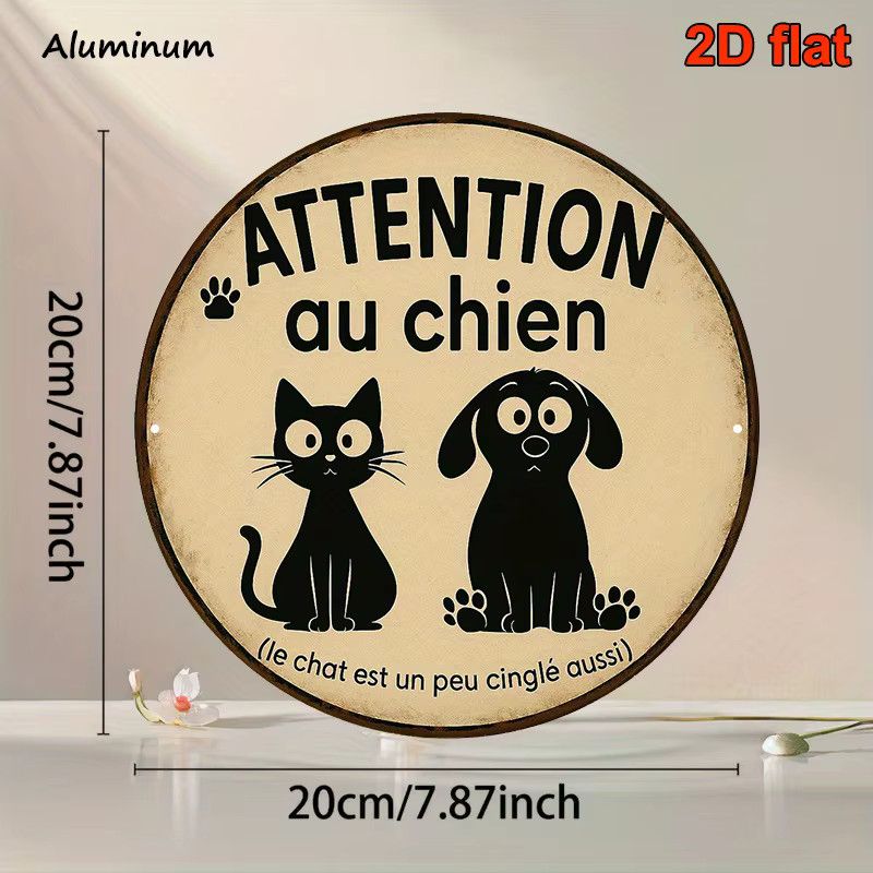 Potdemiel Rundes Vintage Warnschild Attention Au Chien mit Pfotenabdrücken Durchmesser: 20,3 cm - Bild 2