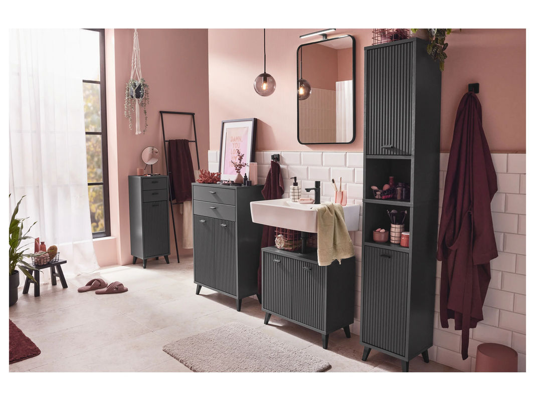 LIVARNO HOME Bad-Seitenschrank in Wellen-Optik, modern und freistehend, Anthrazit/Gold/Schwarz - Bild 2