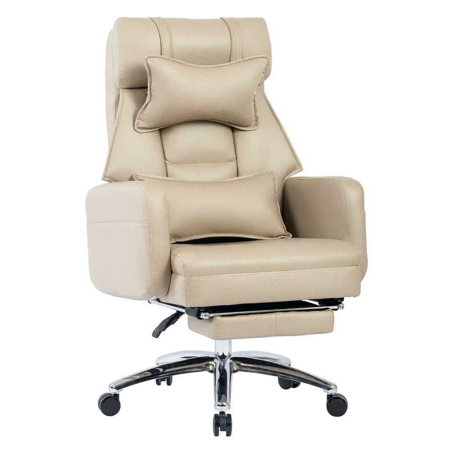 PINGGO Ergonomischer Bürostuhl aus Leder in Beige mit hoher Rückenlehne, Lendenwirbelstütze und Kopfstütze - Bild 2