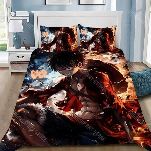One Piece Bettwäsche-Set mit Luffy Cartoon-Druck, Kinderbettwäsche aus Mikrofaser inklusive Bettbezug und Kissenbezug, Mehrfarbig, B/H: 175 x 220 cm - Bild 1