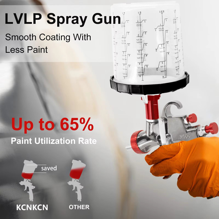 KCNKCN LVLP Spritzpistole R500 in Silber mit Düsen 1,3/1,5/1,7/2,0 mm und Luftdruckregler als professionelle Schwerkraft-Farbspritzpistole - Bild 4