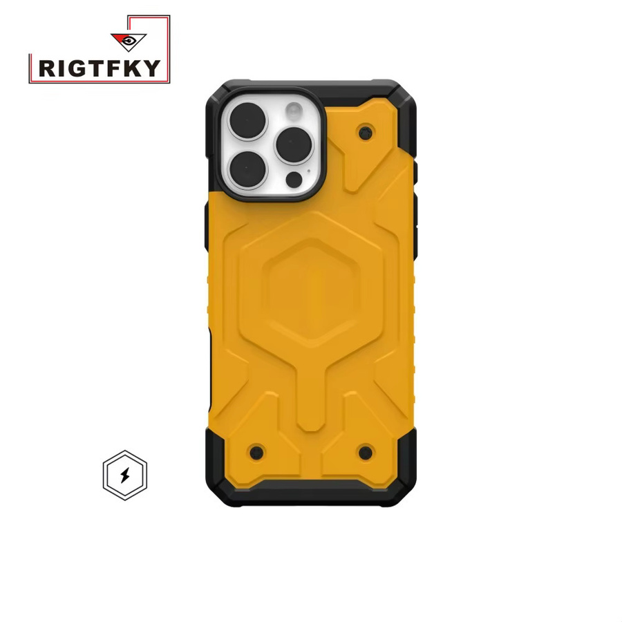 Robuste Militär-Schutzhülle für iPhone 12 bis iPhone 17 Pro Max mit magnetischer Rückabdeckung in Schwarz und Gelb - Bild 3
