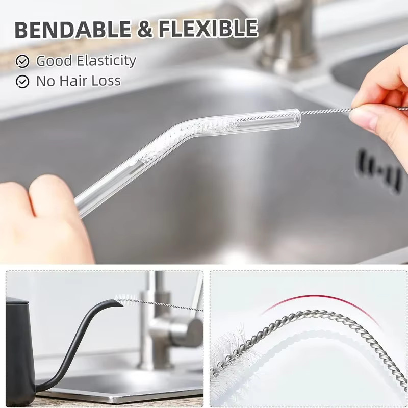 Jaysuing Strohreiniger-Bürsten-Set aus Edelstahl 304 in Silber, 10er Set für Glasstrohhalme, Wasserflaschen und Tassen, Länge: 17,5 cm und 24 cm - Bild 3