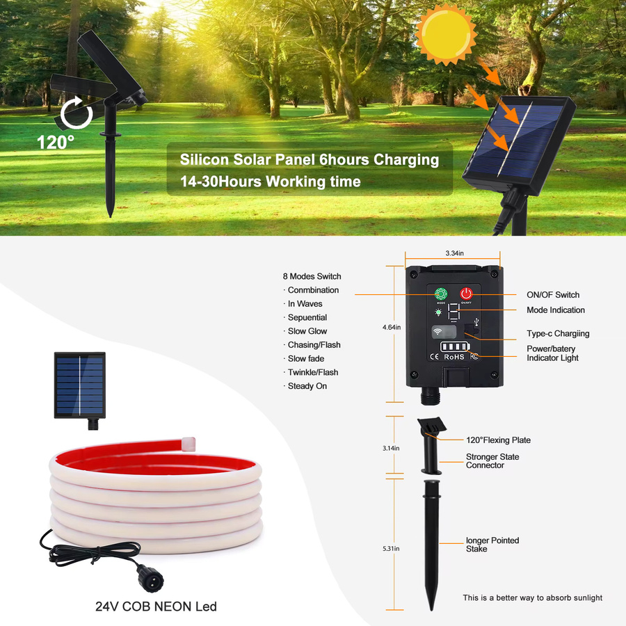 KISUFU Solar COB Neon-Streifen IP68 Wasserdicht Dimmbares Flexibles LED Bandlicht für Garten in Rot, Gelb, Blau oder Weiß - Bild 3