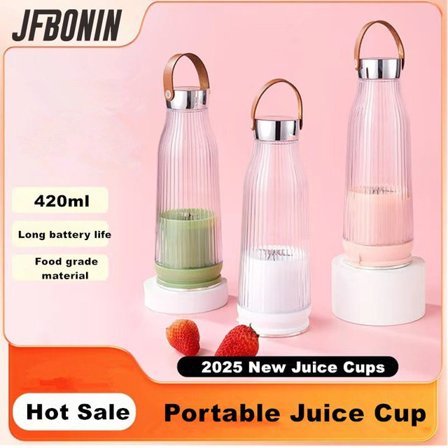 JFBONIN Tragbarer elektrischer Entsafter-Becher mit 6 Klingen und USB-Anschluss, Mini-Mixer für Obst und Milchshakes in Pink - Bild 1