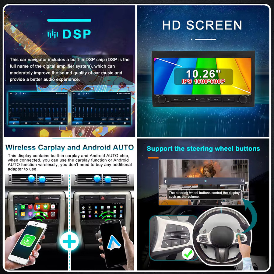 Naviunit Android 15 Autoradio mit 10,26 Zoll Bildschirm, Wireless Carplay, Bluetooth und Navigation für Audi A4 B6 S4 B7 RS4 sowie Seat Exeo (2002-2008), Schwarz - Bild 5