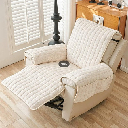 Geener Sesselsofa-Schutzbezug aus Plüsch mit Armlehnen-Taschen, rutschfest und verschleißfest, Farbe: Beige, Breite: 53 cm, Länge: 190 cm