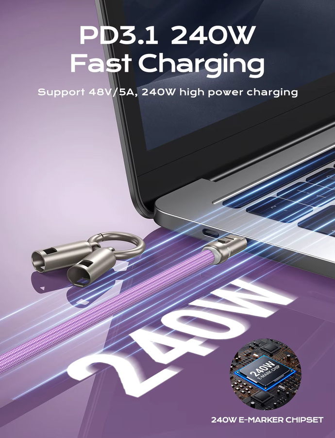 AUFU 2in1 USB-C zu USB-C Schnellladekabel mit 240W PD3.1 und Lanyard für MacBook, iPhone, Samsung und Laptop in Schwarz oder Lila - Bild 1