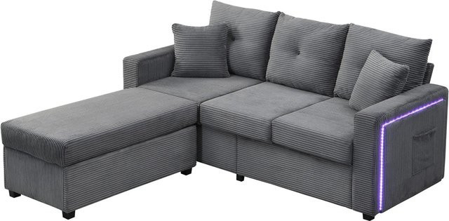 Merax L-Sofa 3-Sitzer mit LED-Beleuchtung und passendem Ottoman in Grau, modernes modulares Polstersofa mit Cord-Bezug und Solid Wood Frame - Bild 1