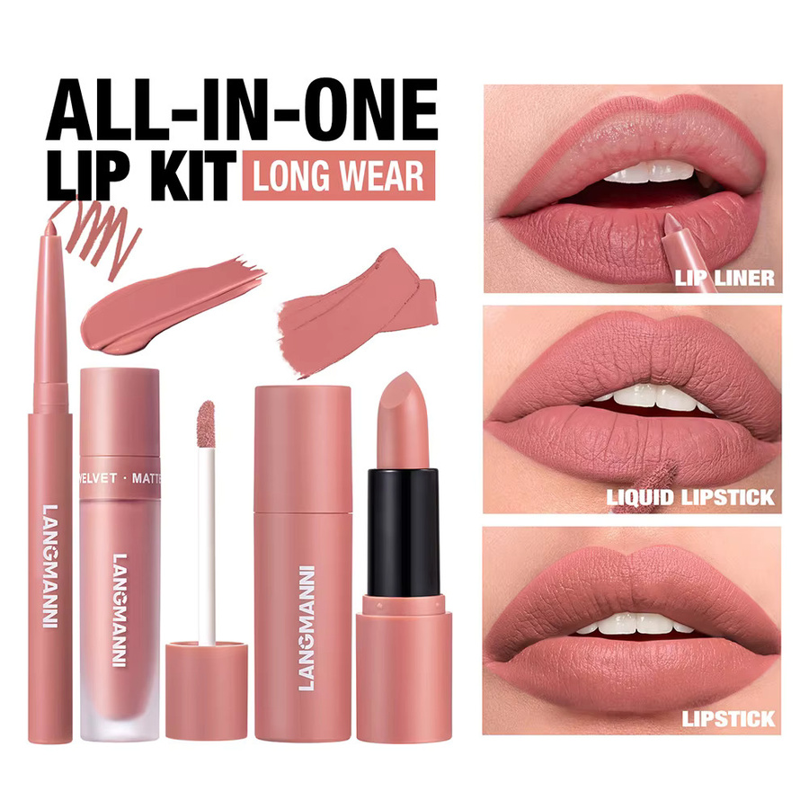 Lippen-Set mit Lipliner, flüssigem Lippenstift & Kugel-Lippenstift Trio, Nude, 6 Farben - Bild 4