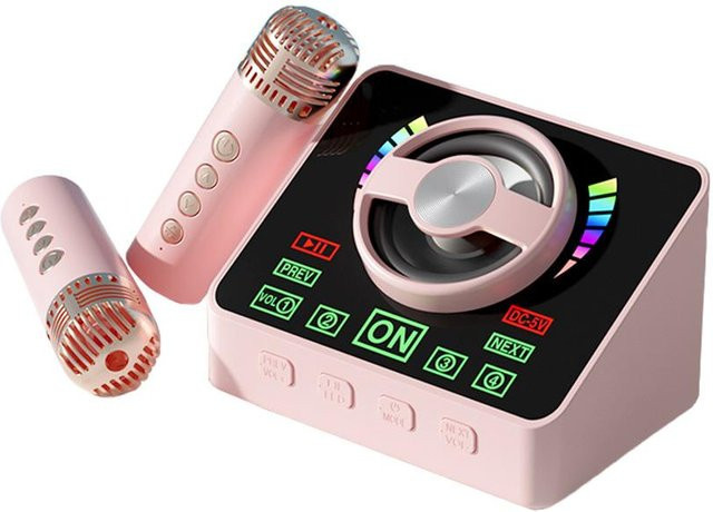 Andoer Karaoke-Maschine mit Bluetooth, KTV-Set inklusive 2 Mini-Drahtlos-Mikrofonen und RGB-Lichteffekten in Rosa - Bild 1