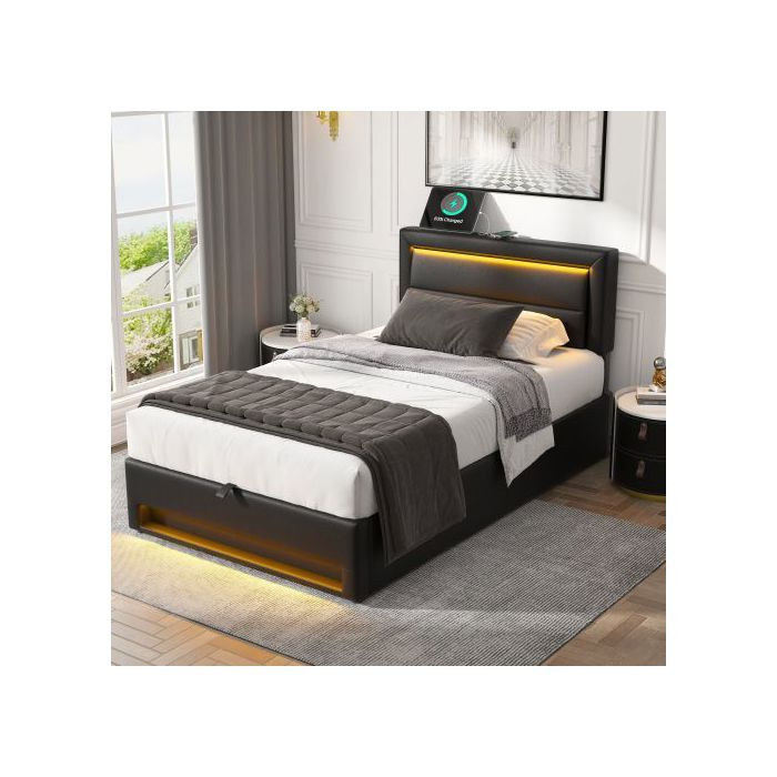 Gepolstertes MUVOE Bett in Schwarz mit USB-Anschluss, LED-Beleuchtung und integriertem Stauraum, B/T: 90 x 190 cm - Bild 2