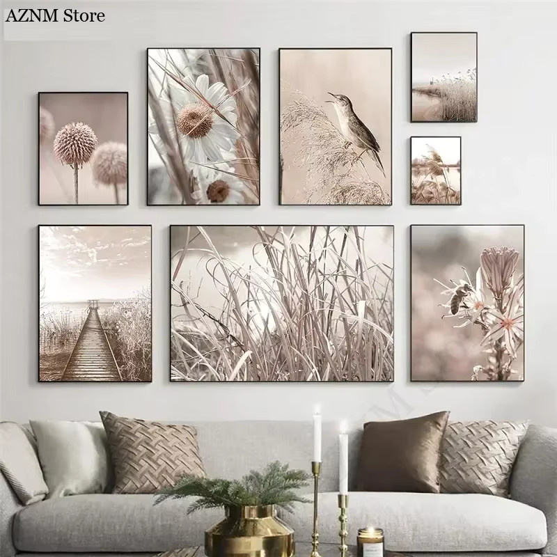Potdemiel Wandkunst Leinwand Poster Nordic Beige Landschaft mit Brücke, Vogel und Fuchs im skandinavischen Stil - Bild 3