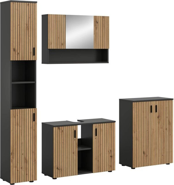 Badezimmer-Set Mone von xonox.home in Basalt Nachbildung und Artisan Oak Nachbildung, bestehend aus Waschtischunterschrank, Spiegelschrank und Wandschrank, B/H/T: 200 x 192 x 30 cm - Bild 1