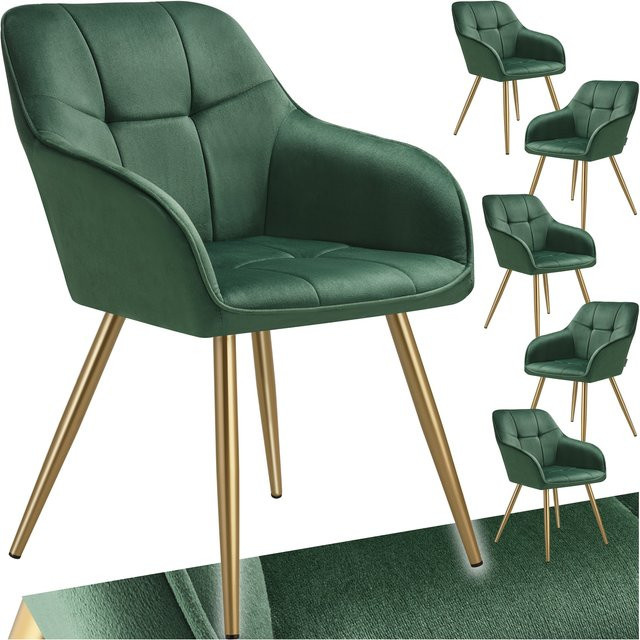 tectake Esszimmerstuhl Marilyn, 6er Set, gepolstert, Samtoptik, gesteppt, Dunkelgrün, Gold, B/T/H: 58 x 62 x 82 cm - Bild 1