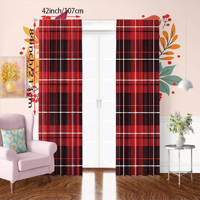 Yiran Furniture Karierte Vorhänge aus Polyester in Rot, 2er-Set, B: 76 cm, H: 165 cm - Bild 1