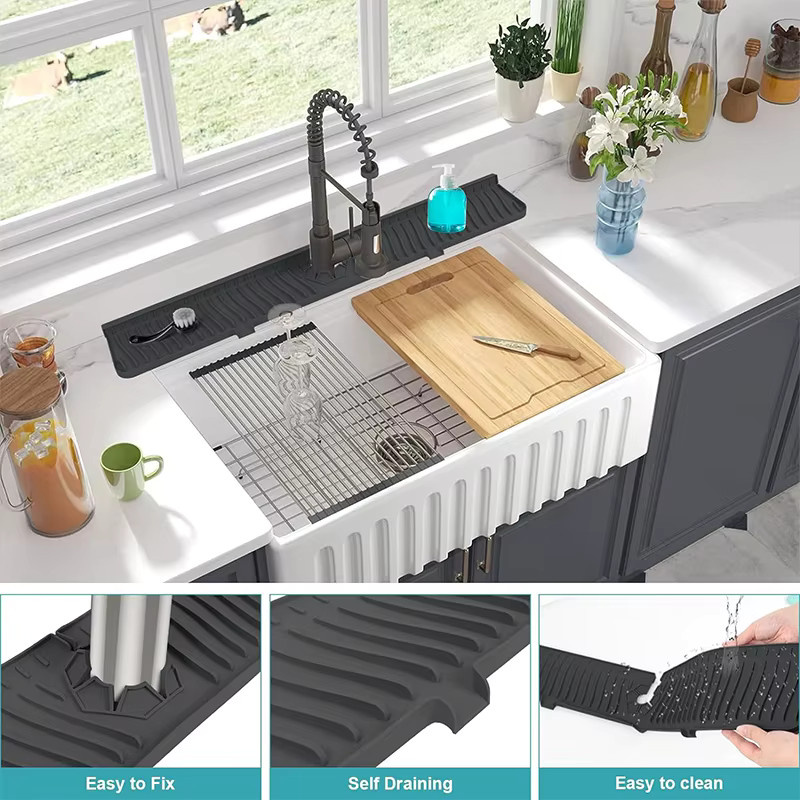 Silikon-Spülbeckenspritzschutz und Abflussmatte für die Armatur in Schwarz und Grau - Bild 2