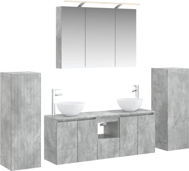 vidaXL Badezimmermöbel-Set 6-teilig in Betongrau aus Ingenieurholz und Glas mit LED-Beleuchtung und Glasfronten - Bild 1