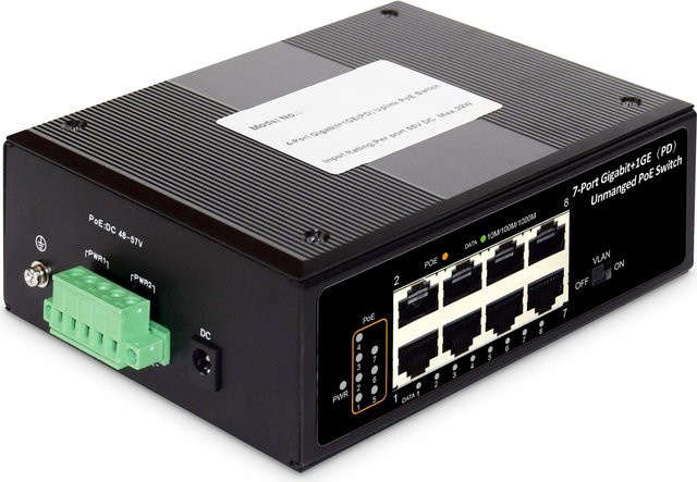 DIGITUS DN-651113 Unmanaged Switch mit 7 x 10/100/1000 PoE+ und 1 x 10/100/1000 PoE++ in Schwarz, DIN-Schiene Montage, DC Power - Bild 1