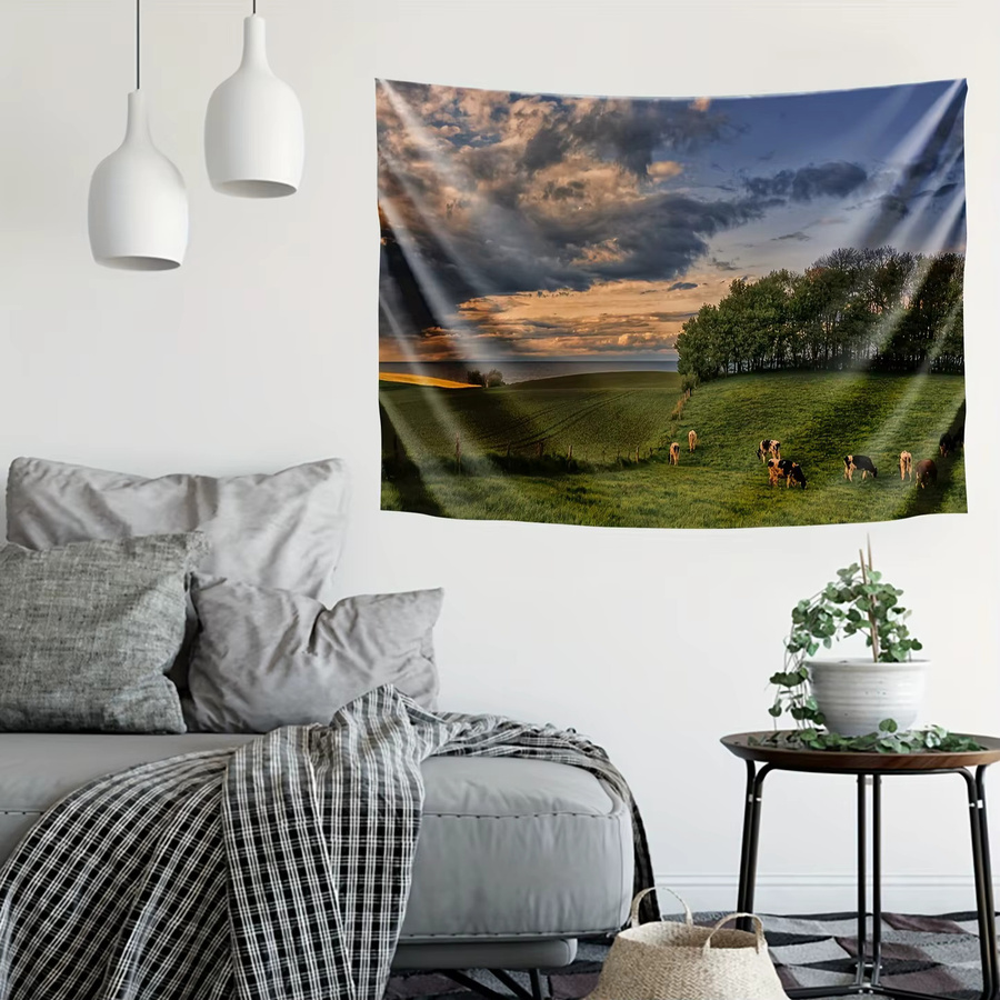 VIKAMA Pastoraler Wandteppich mit Wolken und Wiesen in Mehrfarbig, Rustikaler Stil, B/H: 60 x 40 cm - Bild 3