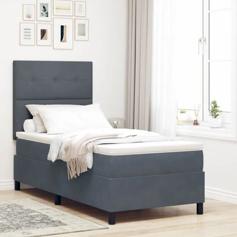 vidaXL Boxspringbett mit Matratze aus Samt in Anthrazit, B/T/H: 90 x 190 x 128 cm - Bild 1