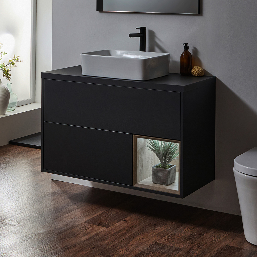 Waschtischunterschrank mit Aufsatzwaschbecken von Hudson Reed in Dunkler Eichenoptik, Breite: 100 cm - Bild 1