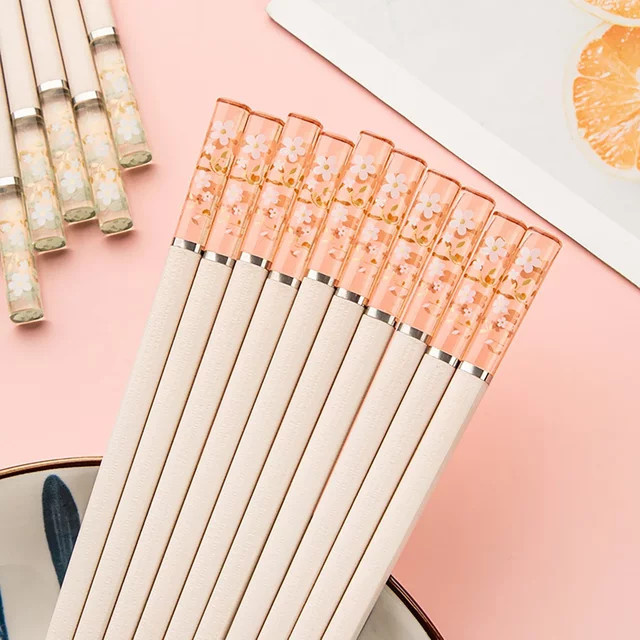 JAOER Essstäbchen Set mit Sakura-Kirschblüten-Muster, 5 Paar rutschfeste Essstäbchen in Braun und Pink - Bild 1