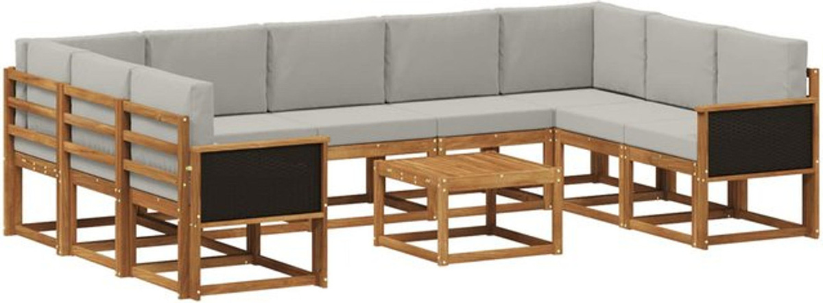 vidaXL Outdoor-Sofagarnitur aus Akazienholz mit 10 Kissen in Natur und Hellgrau - Bild 1