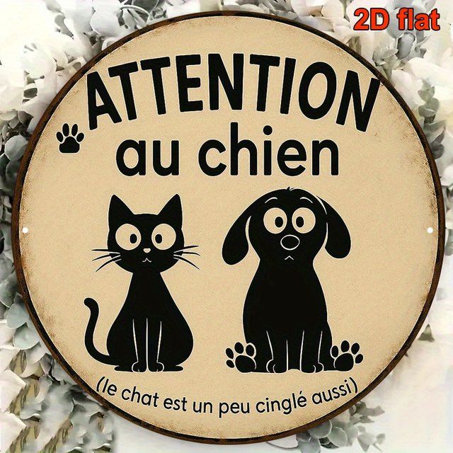 Potdemiel Rundes Vintage Warnschild Attention Au Chien mit Pfotenabdrücken Durchmesser: 20,3 cm - Bild 1