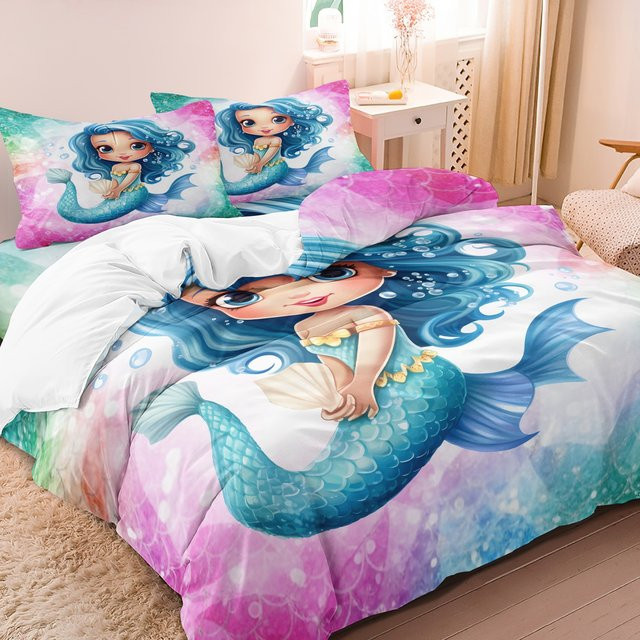 3-teiliges Bettbezug-Set Meerjungfrau-Ozean Design mit 1 Bettbezug und 2 Kissenbezügen, atmungsaktiv und weich, Mehrfarbig, B/H: 135 x 200 cm - Bild 1