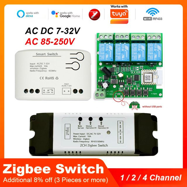 Tuya Zigbee Smart Relais Modul mit RF433Mhz Fernbedienung und Alexa Kompatibilität, 1/2/4CH Controller für Lichtschalter, DC 12V 24V 7-32V AC 220V, Zigbee-Hub erforderlich - Bild 1