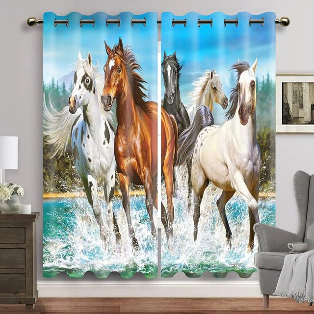 A Family Of Home Textiles Pferde-Stoffvorhänge mit Tiermotiv, 2er-Set, halbtransparent, B: 50 cm, H: 160 cm - Bild 1