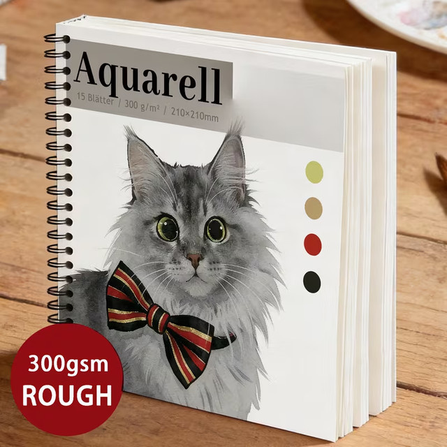 Aquarell-Skizzenbuch mit grauem Katzen-Schleifenkragen-Einband, quadratisches Spiralnotizbuch für Anfänger und Hobbymaler, 15 Blatt - Bild 1