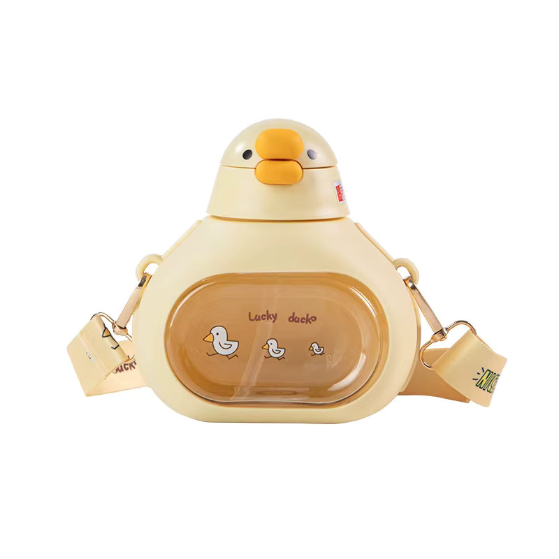 ZhonestlyK Lucky Duck Kunststoff-Wasserflasche mit Strohhalm für Kinder in Weiß, auslaufsicher und Kawaii-Design - Bild 2