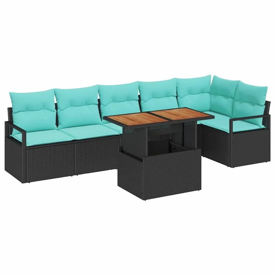 vidaXL Garten Essgruppe aus Poly-Rattan und Akazienholz mit 7 Teilen in Schwarz und Teal - Bild 2