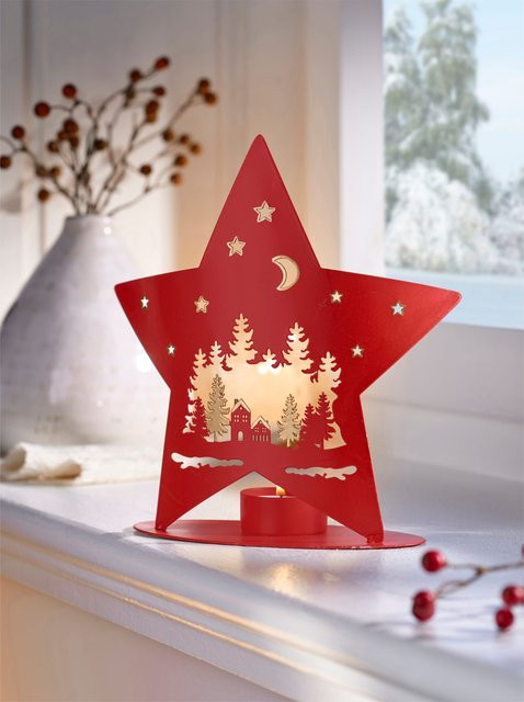 Gasper Windlicht aus Metall in Rot und Goldfarben für weihnachtliche Tischdekoration, B/T/H: 19,5 x 8,0 x 18,0 cm - Bild 1