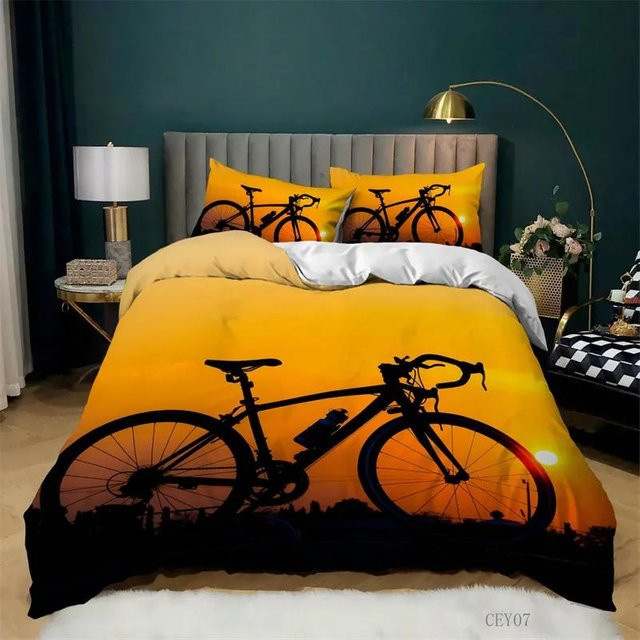 Bettwäscheset Binchi Fitness mit Fahrrad-Radsport-Print in Orange, 3-teilig aus Mikrofaser, B/H: 150 x 200 cm - Bild 1