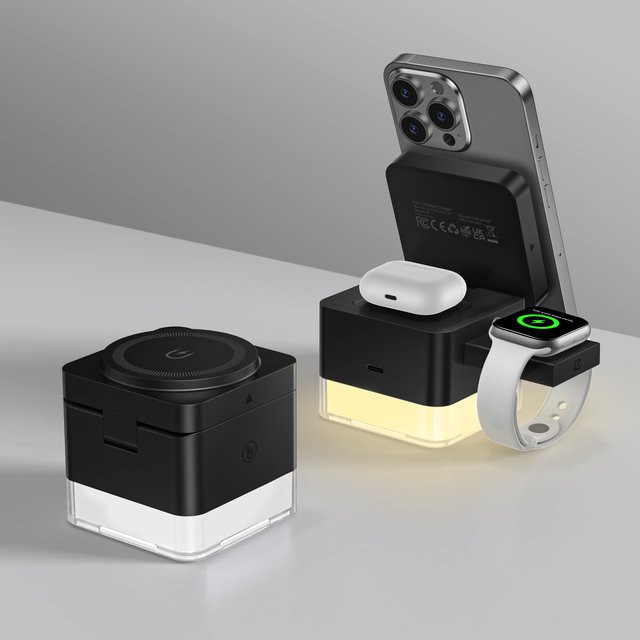 VEERNOO 3-in-1 Magnetisches Kabelloses Ladegerät Faltbar in Schwarz mit 15W Schnellladefunktion und Nachtlicht für iPhone, Apple Watch und AirPods - Bild 1