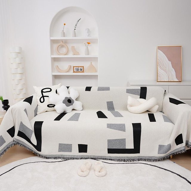 Super Six Chenille Sofa-Handtuch in Weiß, rutschfester und staubdichter Sofaüberwurf mit geometrischem Design, B/B: 180 x 130 cm - Bild 1