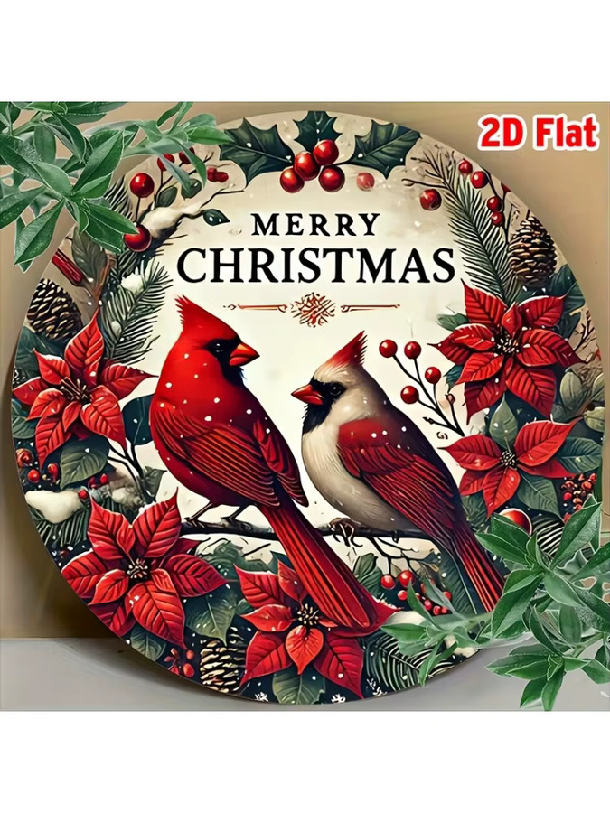 Rundes Aluminiumschild Potdemiel Merry Christmas mit Kardinalvögeln und floralem Design, Durchmesser: 20,32 cm - Bild 5