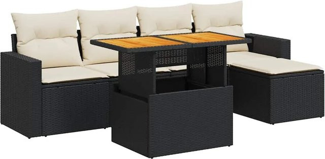 vidaXL 6-teilige Garten-Sofagarnitur aus Poly-Rattan und Akazienholz in Schwarz-Creme mit Kissen - Bild 1