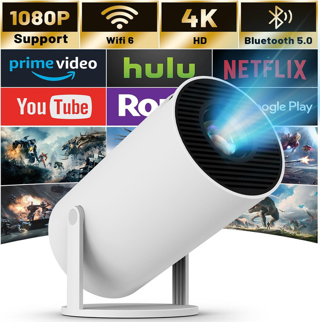 XFY Mini HY300 Projektor in Weiß mit 5G WLAN, Bluetooth und 4K 1080P Unterstützung, tragbarer Projektor mit 180 Grad drehbarer Halterung und Auto-Keystone-Korrektur - Bild 1