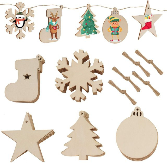 50-teiliges Weihnachtsbaumschmuck-Set aus Holz mit Schneeflocken und runden Holzscheiben zur Aufhängung - Bild 1