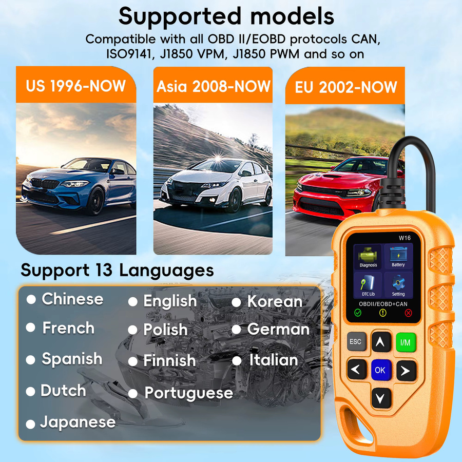 RUOGINSS OBD2-Scanner Diagnosetool in Orange mit Motorlicht-Codeleser, Reset-Funktion und Batteriespannungstester für alle OBD II Autos und LKWs - Bild 6