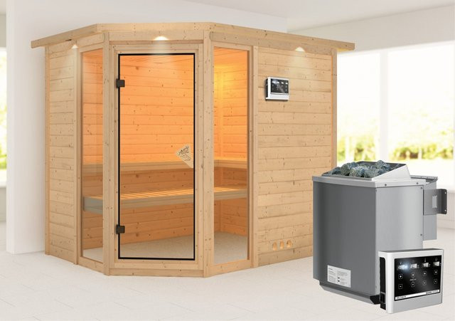 Karibu Sauna Sanna 3 Bio-Kombisauna aus Holz in Braun mit Edelstahl-Bio-Ofen und externem Steuergerät B/T/H: 236 x 212 x 198 cm - Bild 1