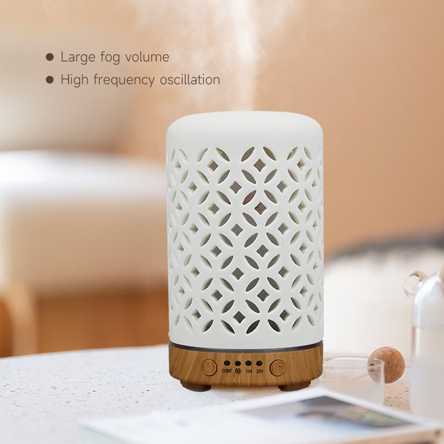 ENGRANVES Aroma Diffusor aus Keramik und Kupfer mit Ultraschall-Technik, Desktop Luftbefeuchter mit LED Nachtlicht in Deep Wood Grain - Bild 1