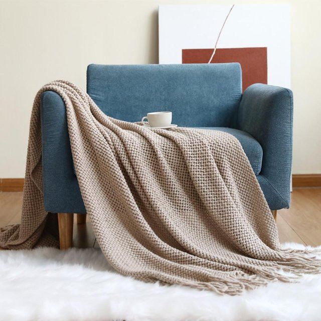 Beige Woll-Kuscheldecke im skandinavischen Stil, gestrickte Sofadecke, B/B: 130 x 240 cm - Bild 1