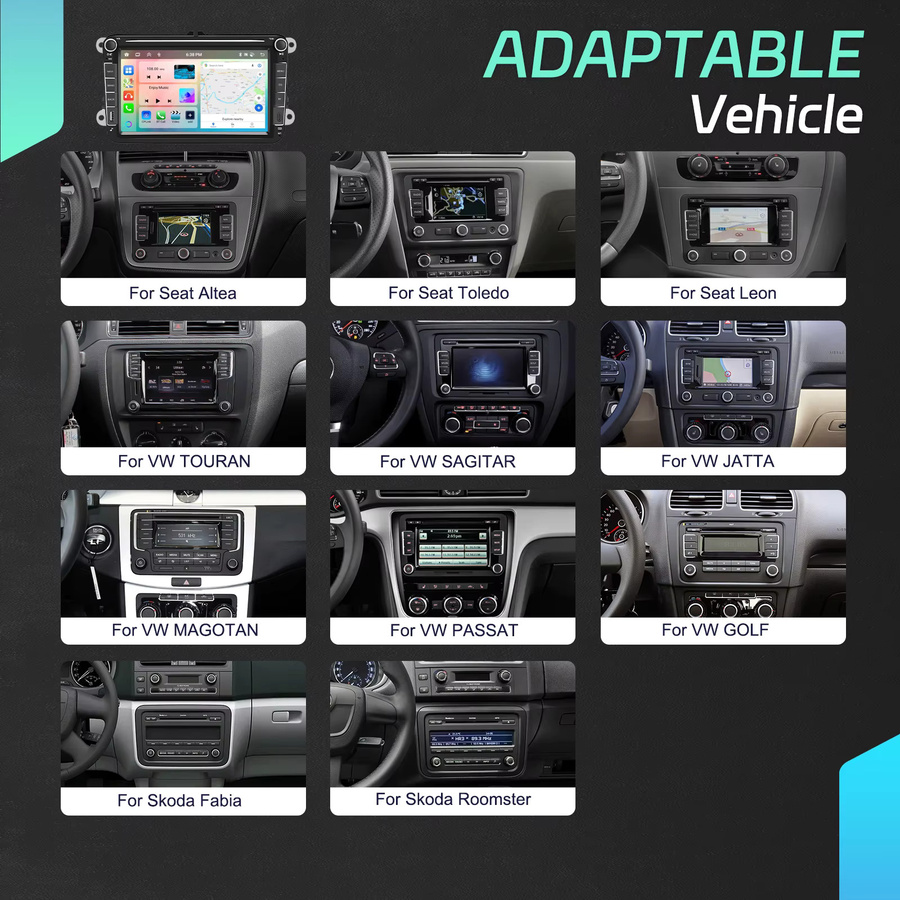 Podofo 8 Zoll 2 Din Auto-Multimedia-Player mit GPS und KI-Sprachassistent in Schwarz für Seat, VW und Skoda - Bild 2